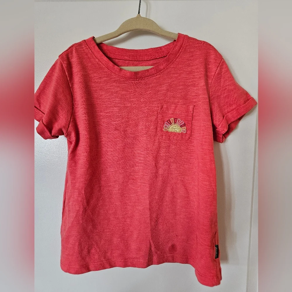 xs 5/6 Eddie Bauer orange red tshirt cuffed sleeves chest pocket embroidered sun